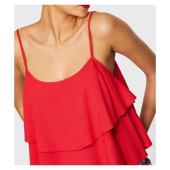 Red Solid Ruffle Layered Cami Top - Picture 3 of 4